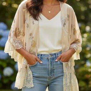 BKE Boutique sz large Chiffon and lace open front cardigan